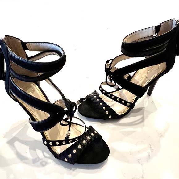 Strappy black dress sandal w/ gold studs and fringe ties by Jessica Simpson. - Picture 1 of 7